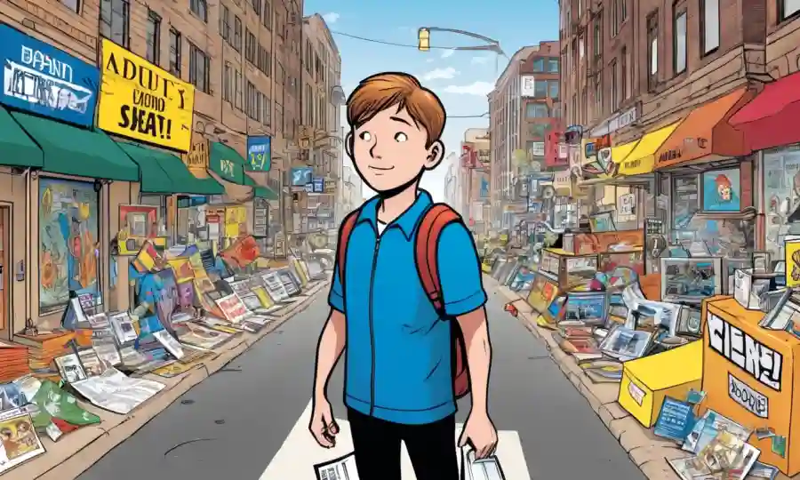 Una persona rodeada de recursos educativos y señales de conciencia en un entorno urbano.