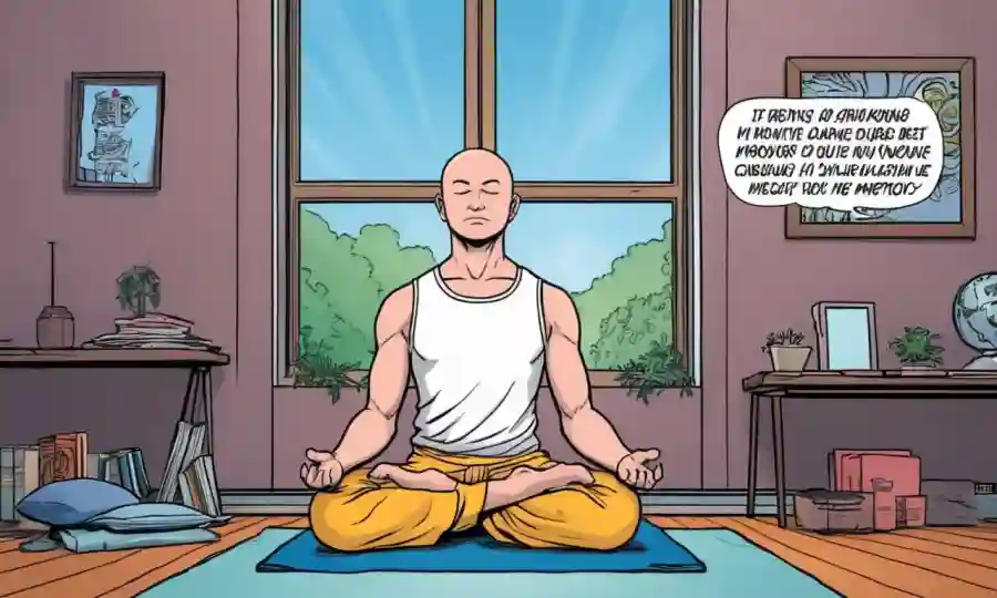 Persona meditando en interiores con un texto de fondo de ambiente tranquilo discutiendo métodos de prevención de la salud mental.