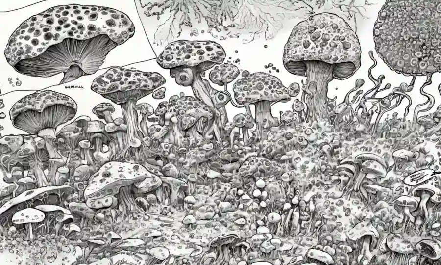 Una vista del microscopio que muestra esporas fúngicas, rodeadas de mitos desbunking escritos en pizarras blancas.