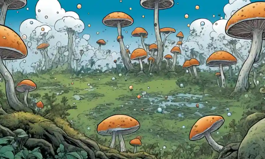 Ilustraciones de esporas fúngicas que se extienden a través del medio ambiente rodeado de burbujas de mitos de desenmascarados.