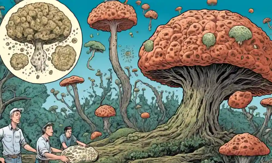 Una ilustración de esporas fúngicas diseminadas y un cerebro de personas lleno de mitos desinformación engañosa.