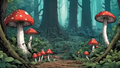 Setas Amycientas que crecen en el bosque en medio de derrames de texto superpuestos.