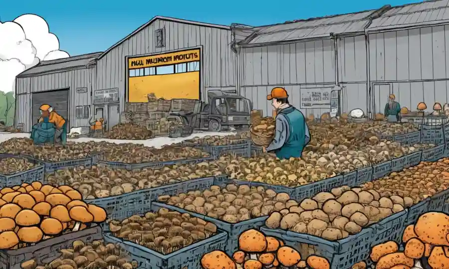Productos fúngicos en cestas, junto a un almacén comercial y texto que resaltan mitos sobre el cultivo de hongos.