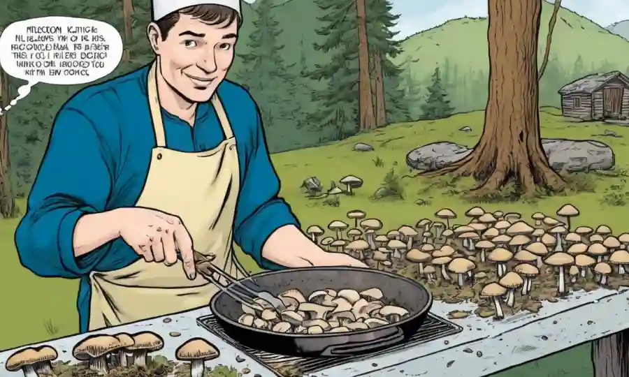 Cierre de una persona cocinando cuidadosamente hongos, con texto superpuesto sobre mitos de desencadenamiento sobre el forraje de hongos.