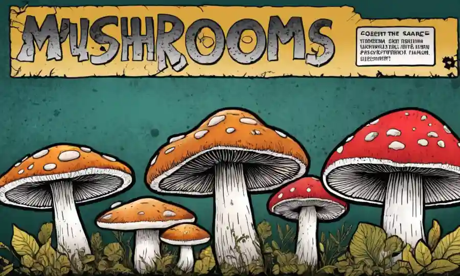 Ilustración de diferentes tipos de hongos con una señal de advertencia superpuesta, destacando el mito de que si otros los han comido, están a salvo para comer.