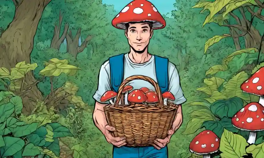 Una persona en la naturaleza, sosteniendo una cesta de setas y rodeada de follaje.