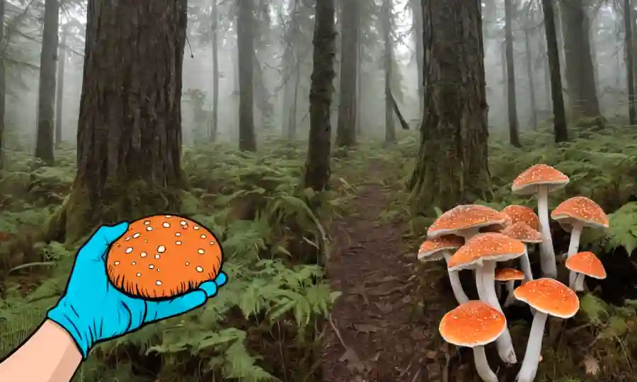 Una persona que llevaba guantes con hongos comestibles en el bosque, con una comparación de pantalla dividida de pautas de identificación.