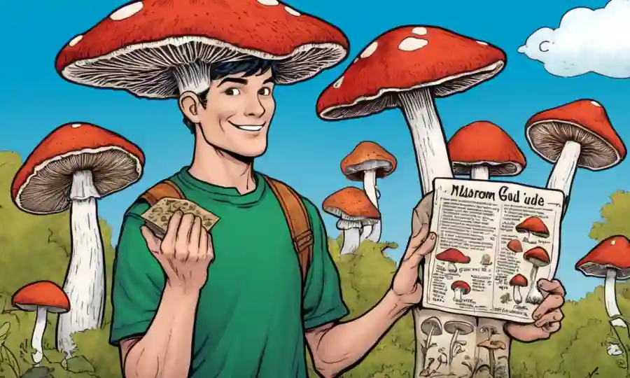 Una persona que tiene una guía de hongos, con hongos y advertencias en el fondo.