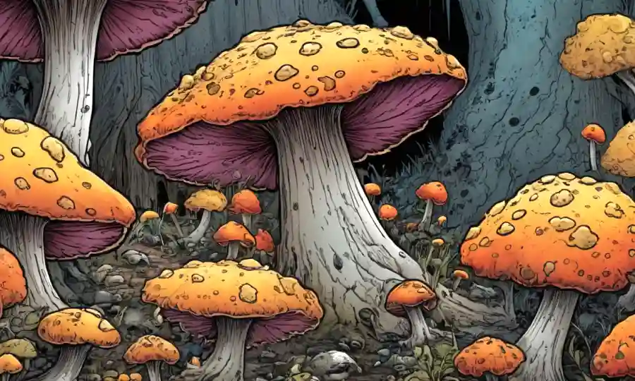Una imagen de cerca de hongos coloridos creciendo en la materia orgánica decadente.