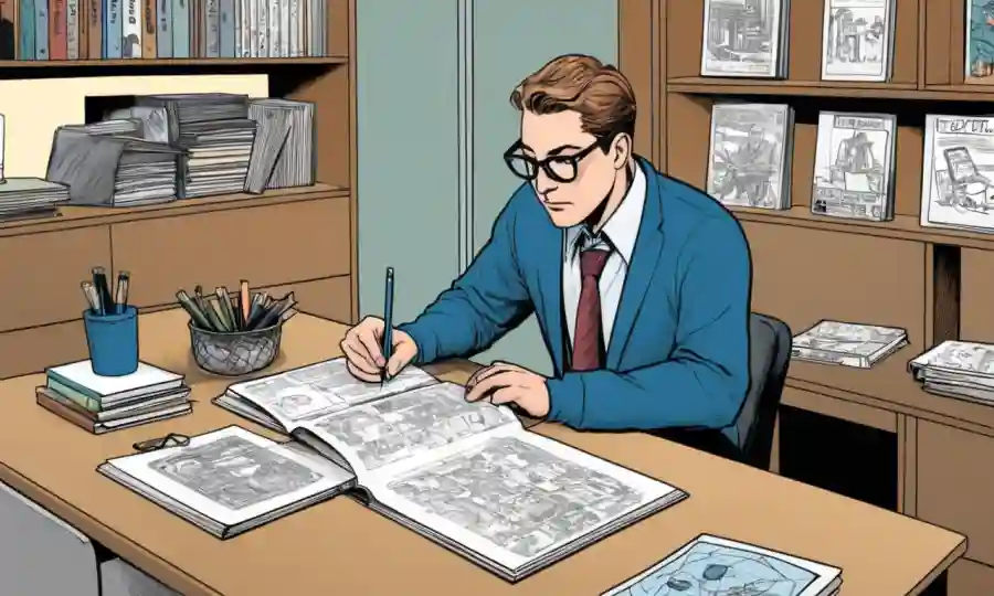 Una persona que estudia libros y diagramas en un escritorio en un ambiente híbrido donde la investigación y la enseñanza se intersectan.