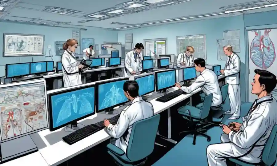 Los profesionales médicos analizan los resultados de las pruebas en ordenadores rodeados de diagramas médicos.