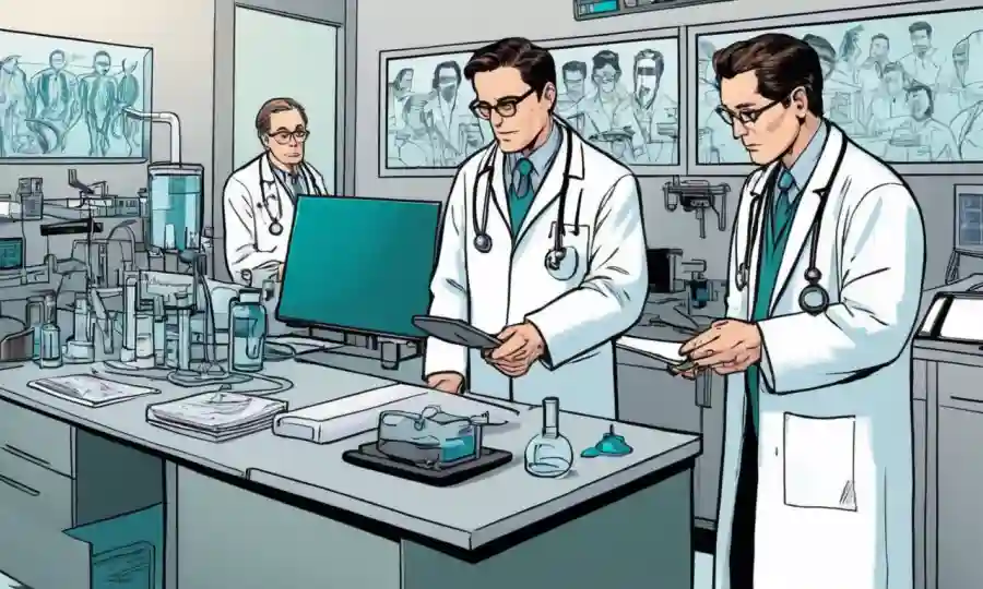 Los médicos que usan equipo de laboratorio y analizan los resultados en un entorno hospitalario.