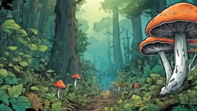Fungi emitiendo señales químicas en medio del follaje forestal.