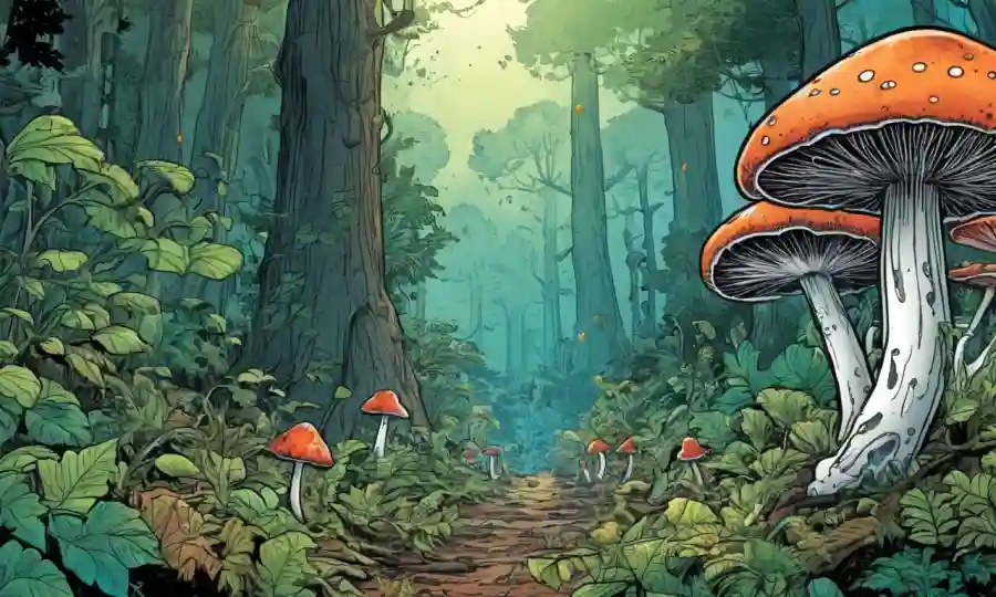 Fungi emitiendo señales químicas en medio del follaje forestal.