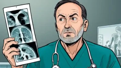 Médico profesional que examina la radiografía con expresión preocupada.