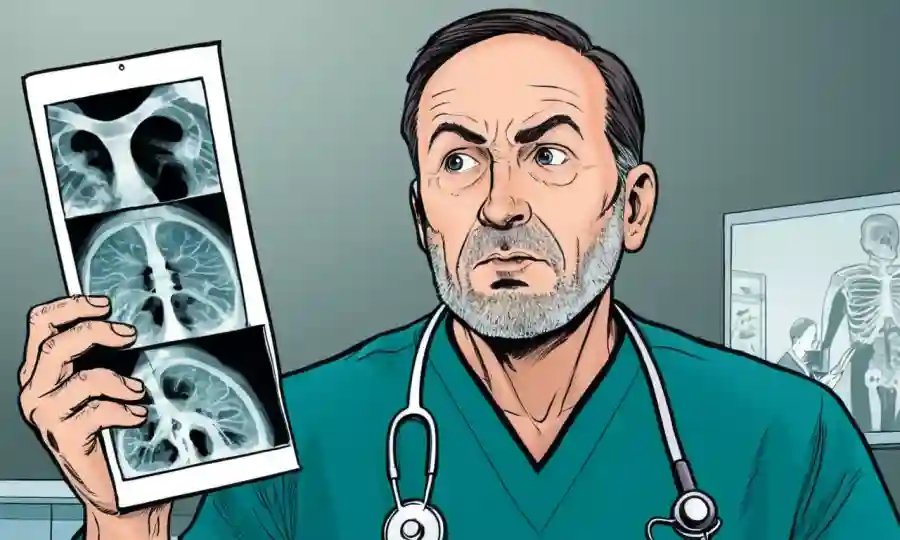 Médico profesional que examina la radiografía con expresión preocupada.