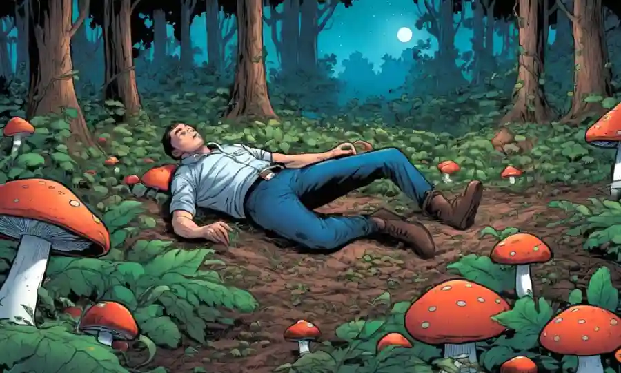 Una persona acostada en el suelo, rodeada de hongos y viñas, con un bosque ligeramente iluminado en el fondo.