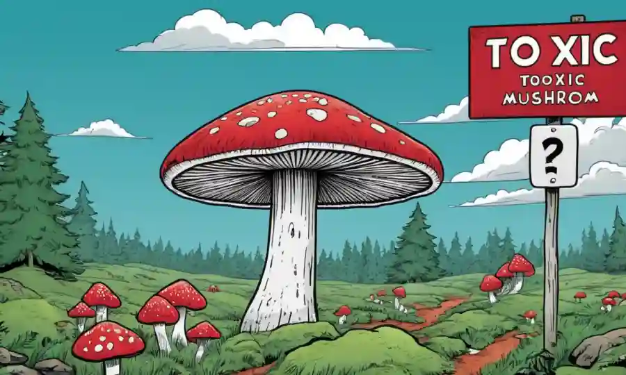 Una ilustración sutil con señales rojas advirtiendo sobre la ingesta de hongos tóxicos.