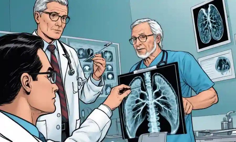 Profesionales médicos que examinan imágenes de rayos X/x para enfoques de tratamiento de infecciones fúngicas.