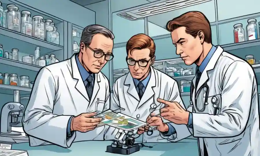 Profesionales médicos que examinan las diapositivas del microscopio y discuten planes de tratamiento.