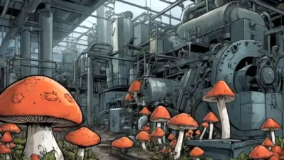 Mushrooms and industrial equipment in a factory setting.