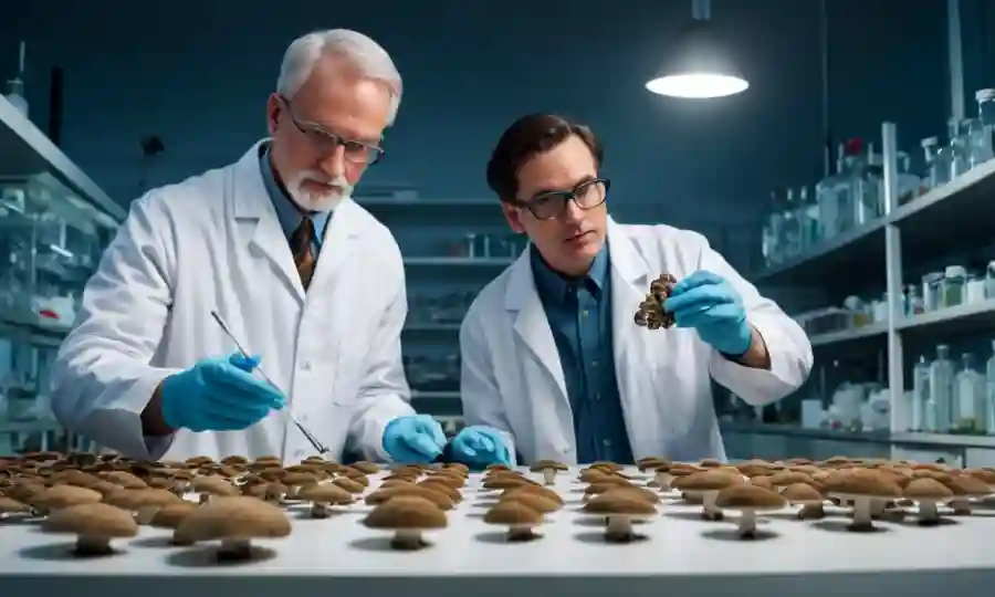 Científicos que examinan muestras de hongos en un laboratorio, insinuando posibles aplicaciones industriales.