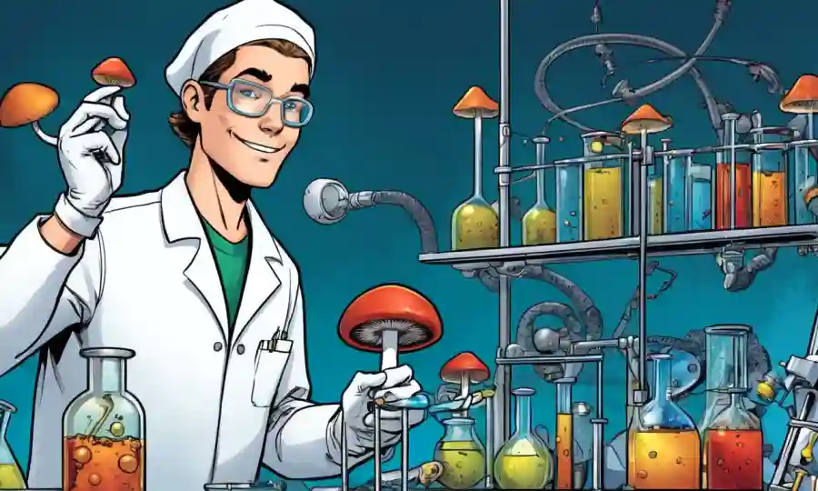 Un trabajador de laboratorio con un espécimen de hongos junto a tubos de ensayo y equipo.