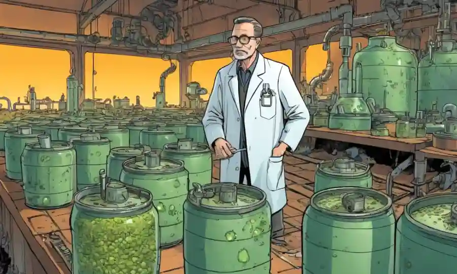 Un científico que examina el equipo contaminado en medio de un telón de fondo de los buques de fermentación y tanques alarmantemente saqueados.