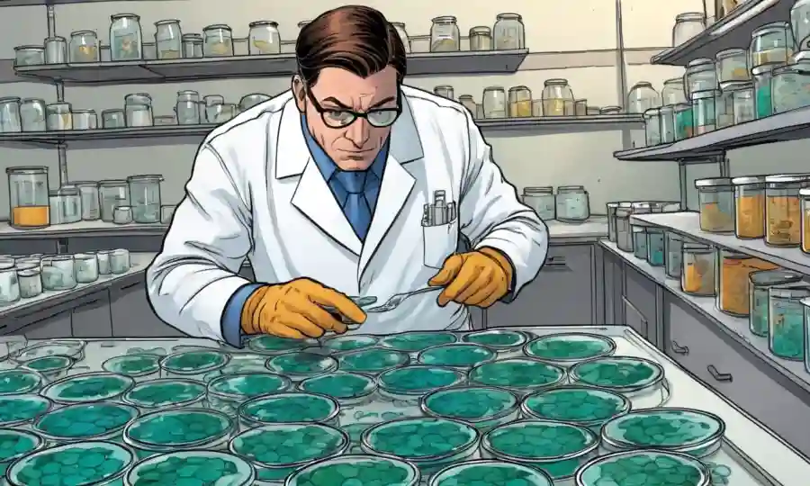 Un microbiólogo que inspecciona los platos petri que contienen cultivos de fermentación contaminados.