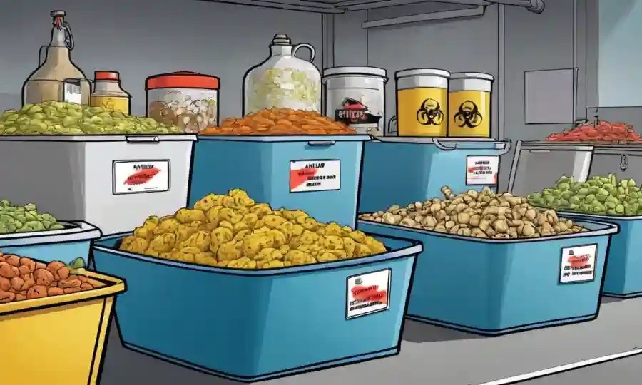 Tubos de fermentación junto a la comida estropeada con señales de advertencia sobre los riesgos de contaminación.