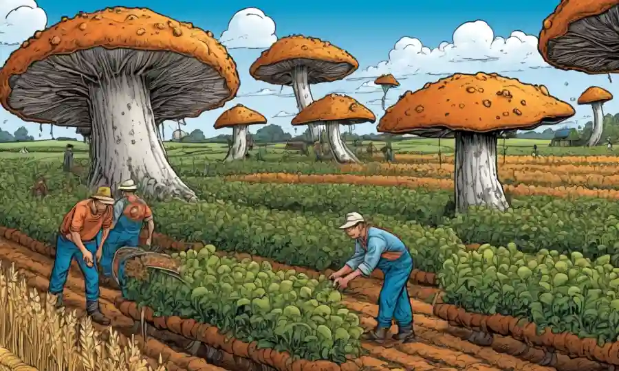 Crecimiento fúngico con diversas etapas de madurez entre cultivos con cosecha de agricultores.