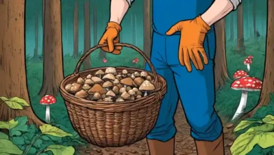 Una persona que lleva guantes tiene una cesta para recoger hongos