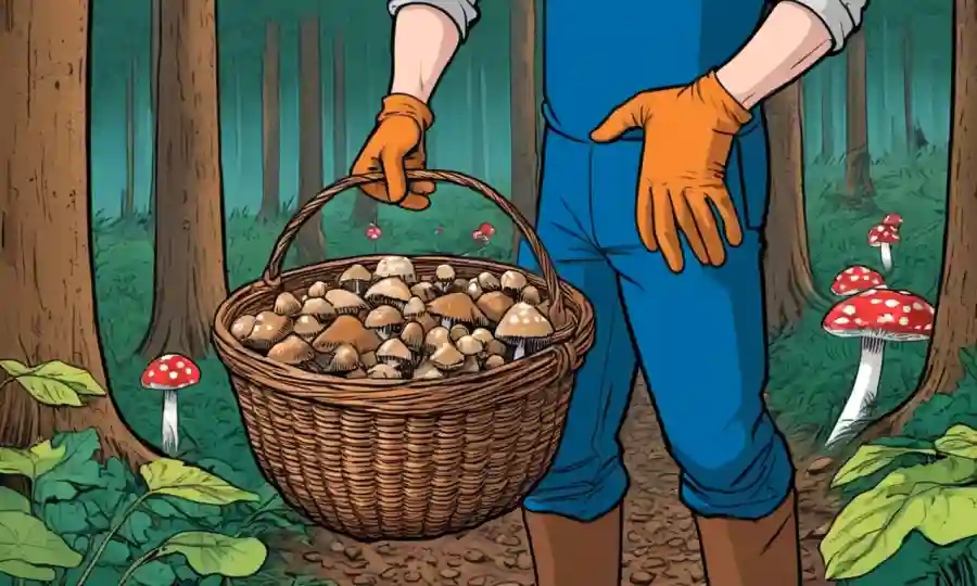Una persona que lleva guantes tiene una cesta para recoger hongos