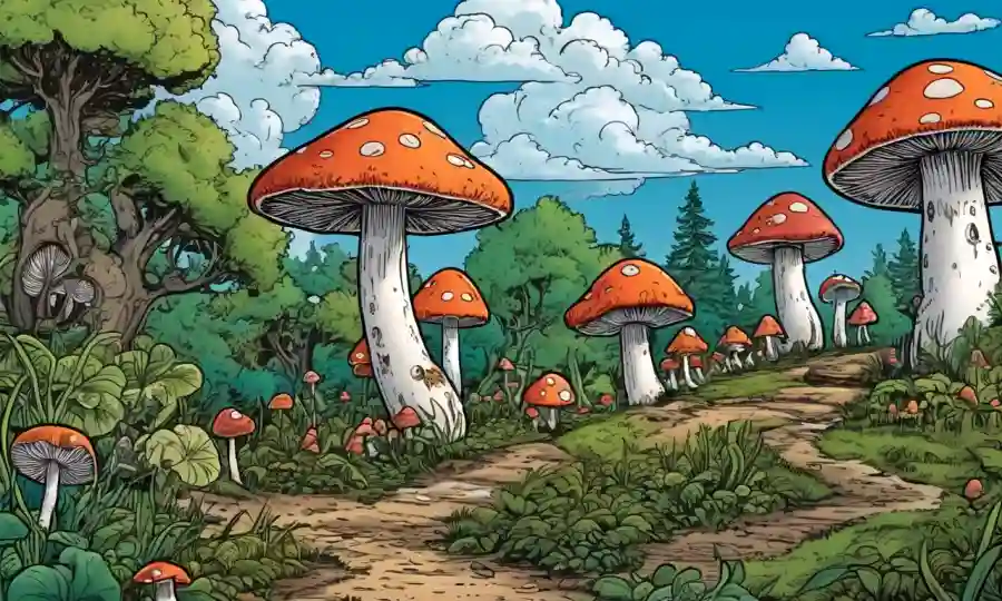 Ilustraciones de paisajes variados que muestran hábitats ideales de hongos y ciclos de crecimiento.