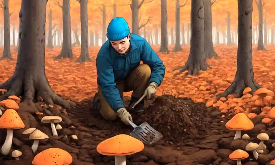 Una persona en un bosque, preparando suelo para el cultivo de hongos en medio del follaje otoñal.