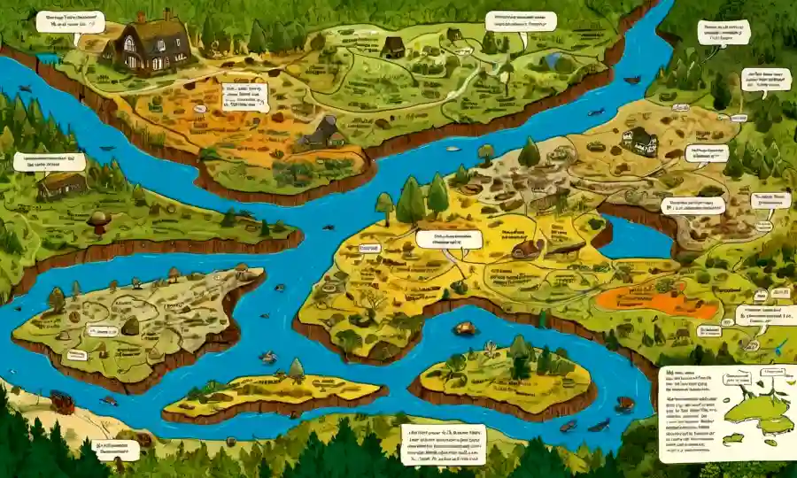 Mapa de terreno con ilustraciones y notas de hongos en plantación estacional.
