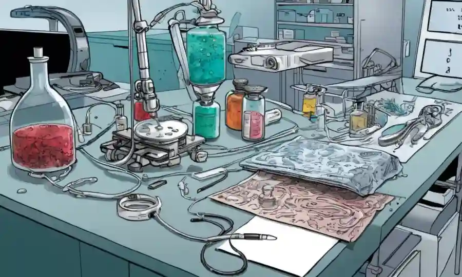 Equipo médico y muestras en una mesa de laboratorio para investigación y diagnóstico fúngico.