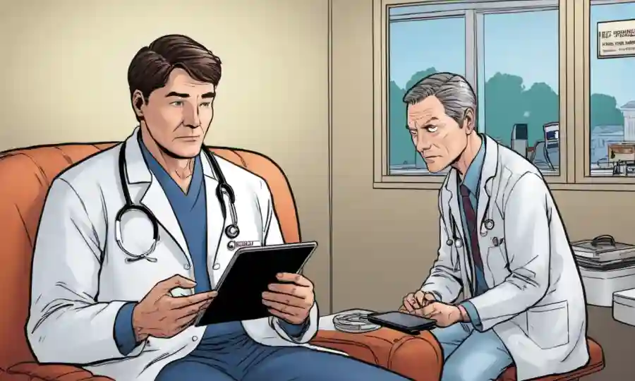 Una persona que mira los síntomas en una tableta con una cita médica programada en el fondo.