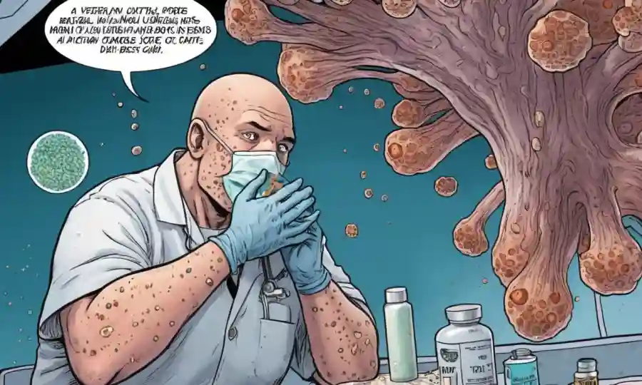 Una persona que busca atención médica, con hongos o esporas en el fondo, simbolizando infecciones de la piel que necesitan atención médica.