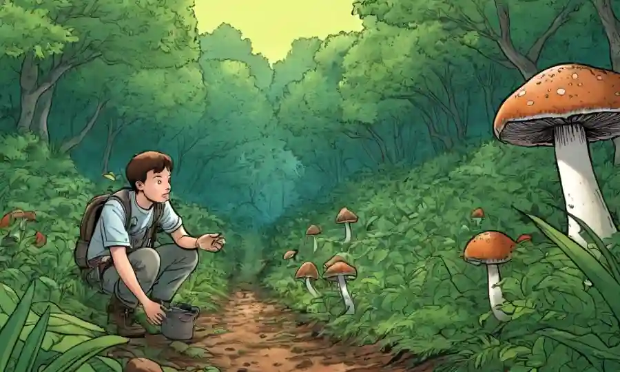 Una persona que examina hongos al aire libre en medio de exuberante vegetación en reserva natural.