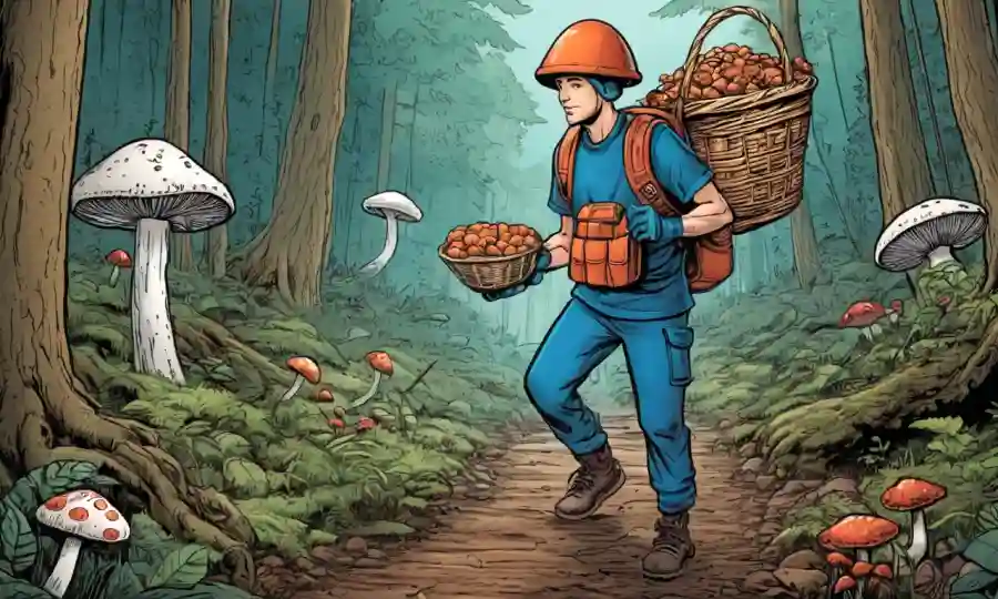 Persona que lleva engranaje y canasta en un bosque, rodeada de ilustraciones de hongos.