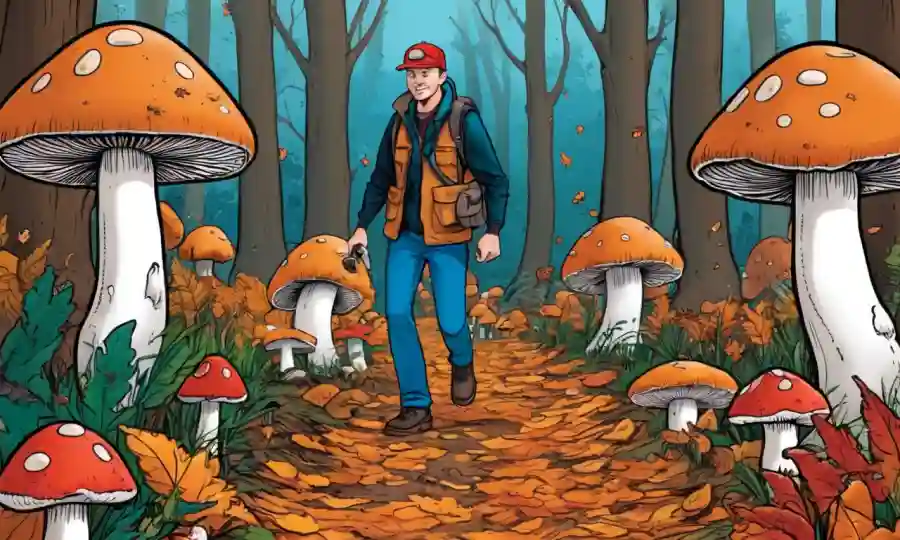 Aficionados a Fungi forraje en un bosque de otoño vibrante con árboles y hongos en foco.
