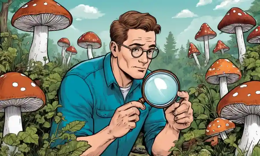 Persona en la naturaleza sosteniendo una lupa, examinando varios hongos.