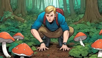 Persona acurrucada cerca de un frondoso suelo forestal en medio de varias especies de hongos.