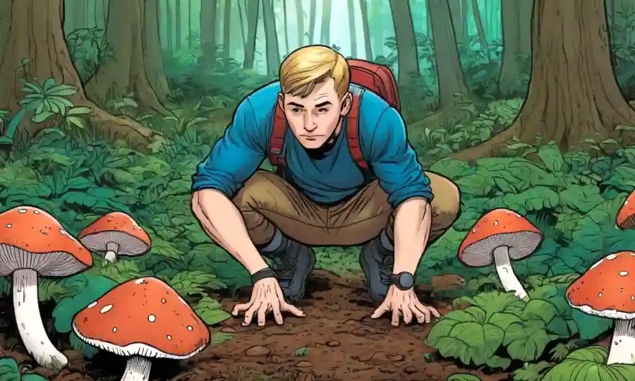Persona acurrucada cerca de un frondoso suelo forestal en medio de varias especies de hongos.