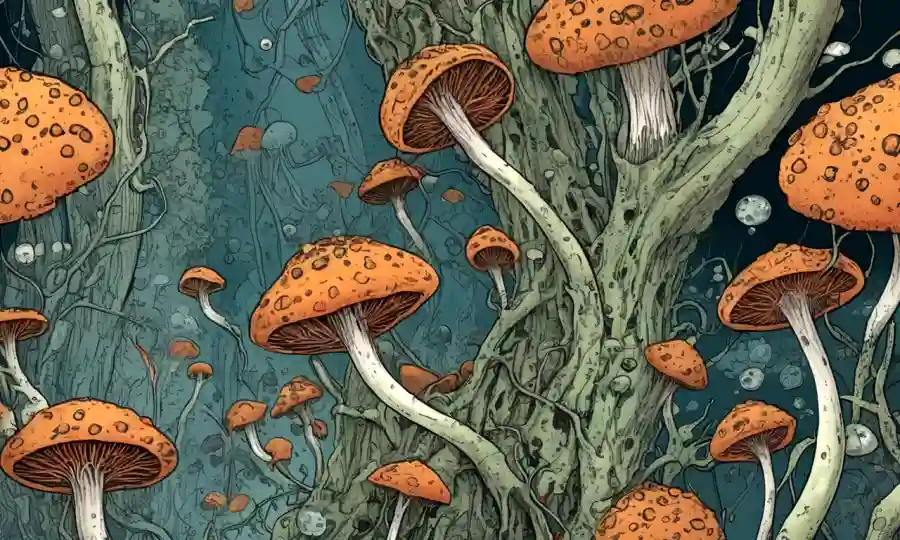 Ilustración científica de células fúngicas, rodeada de sutiles indicios de decaimiento y hacinamiento.