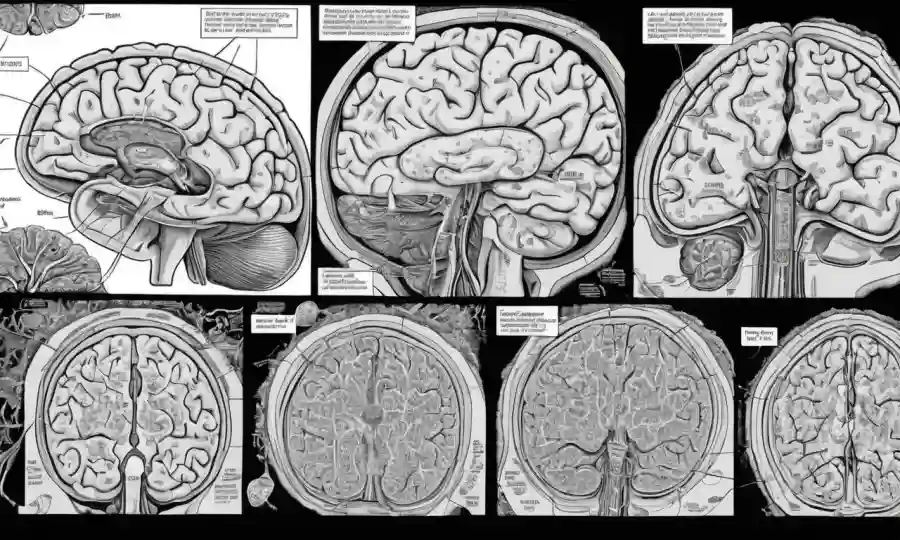 Una imagen de escaneo cerebral con puntos escleróticos anotados y ilustraciones de mitos que la rodean.