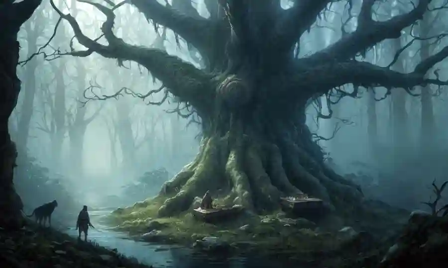 Textos antiguos y criaturas místicas en bosques defectuosos.