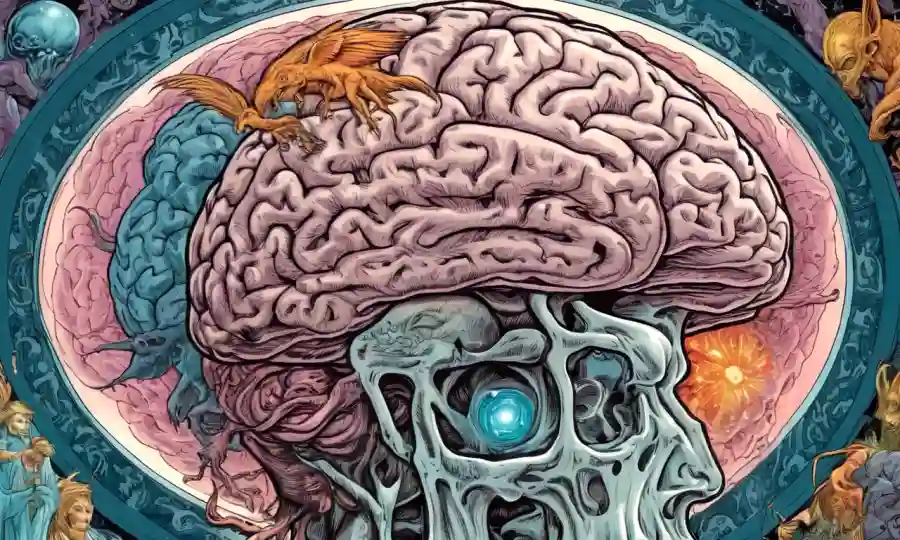 Una representación mística del cerebro con varias criaturas míticas que rodean una visión transparente de la RM.