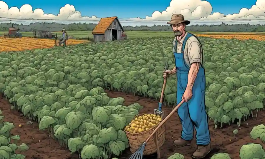 Un granjero de pie en medio de un cultivo saludable de esclerocia fúngica, con herramientas de jardinería cercanas.